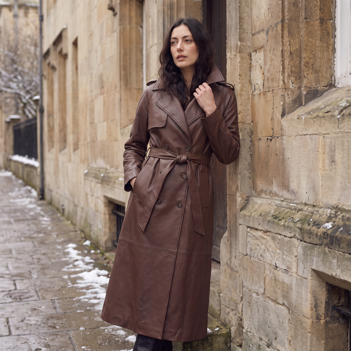 Belted Faux Leather Midi Trench Coat