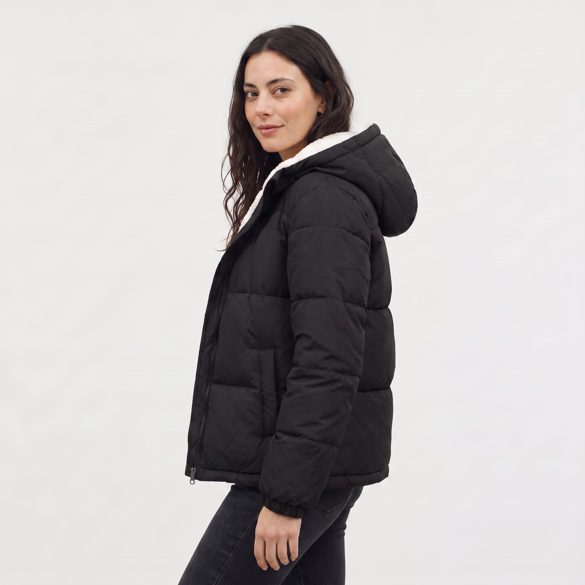 Sherpa-Lined Hooded Puffer Jacket