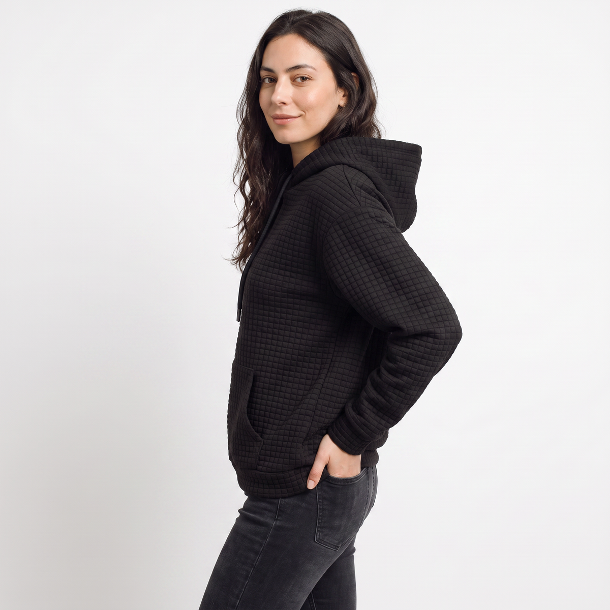 Quilted Drawstring Hoodie - Kangaroo Pocket