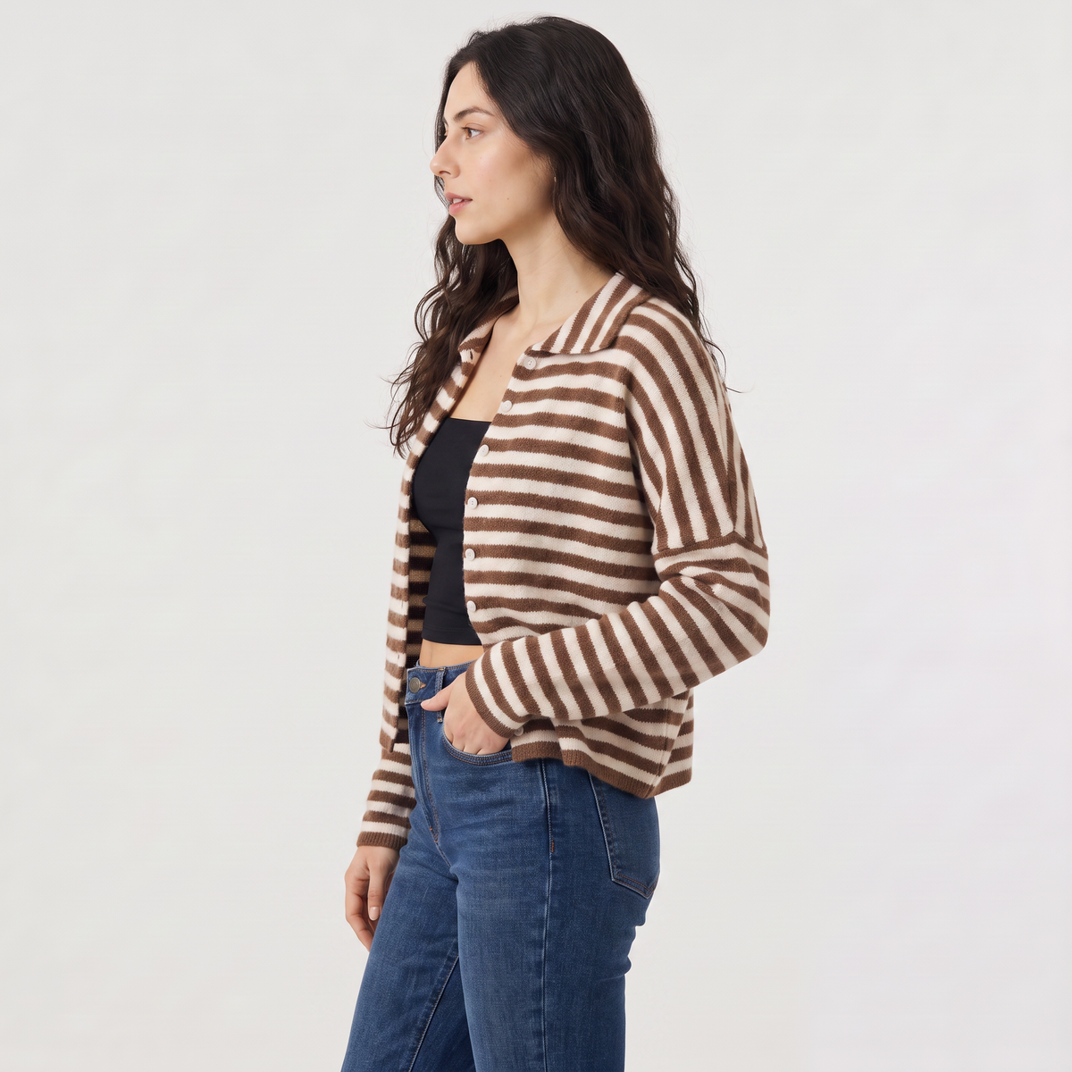 Striped Collared Knit Cardigan - Button Front