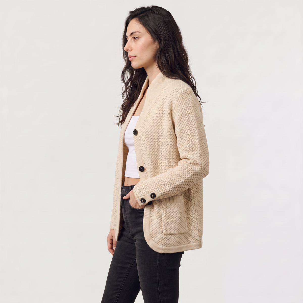 Textured Knit Stand Collar Cardigan