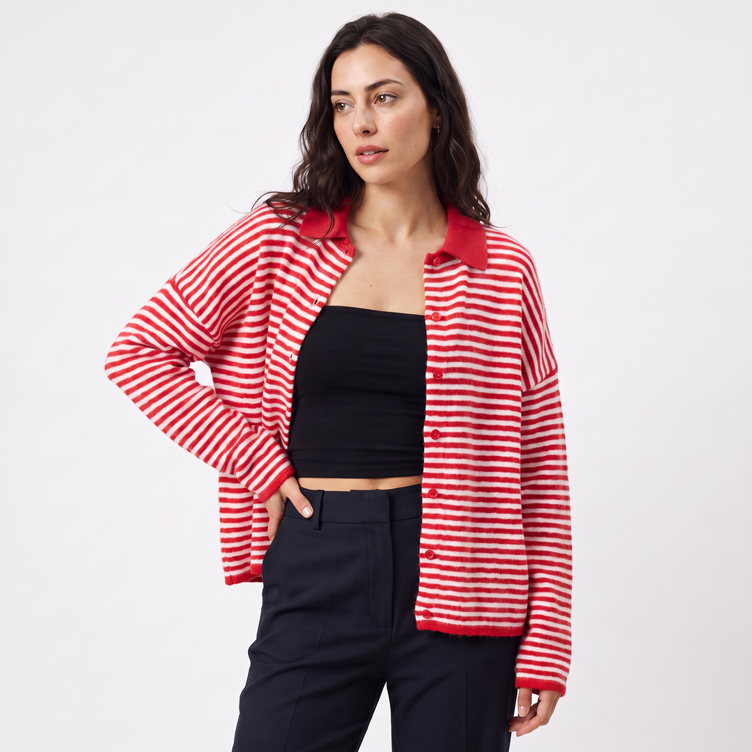 Striped Collared Knit Cardigan - Button Front
