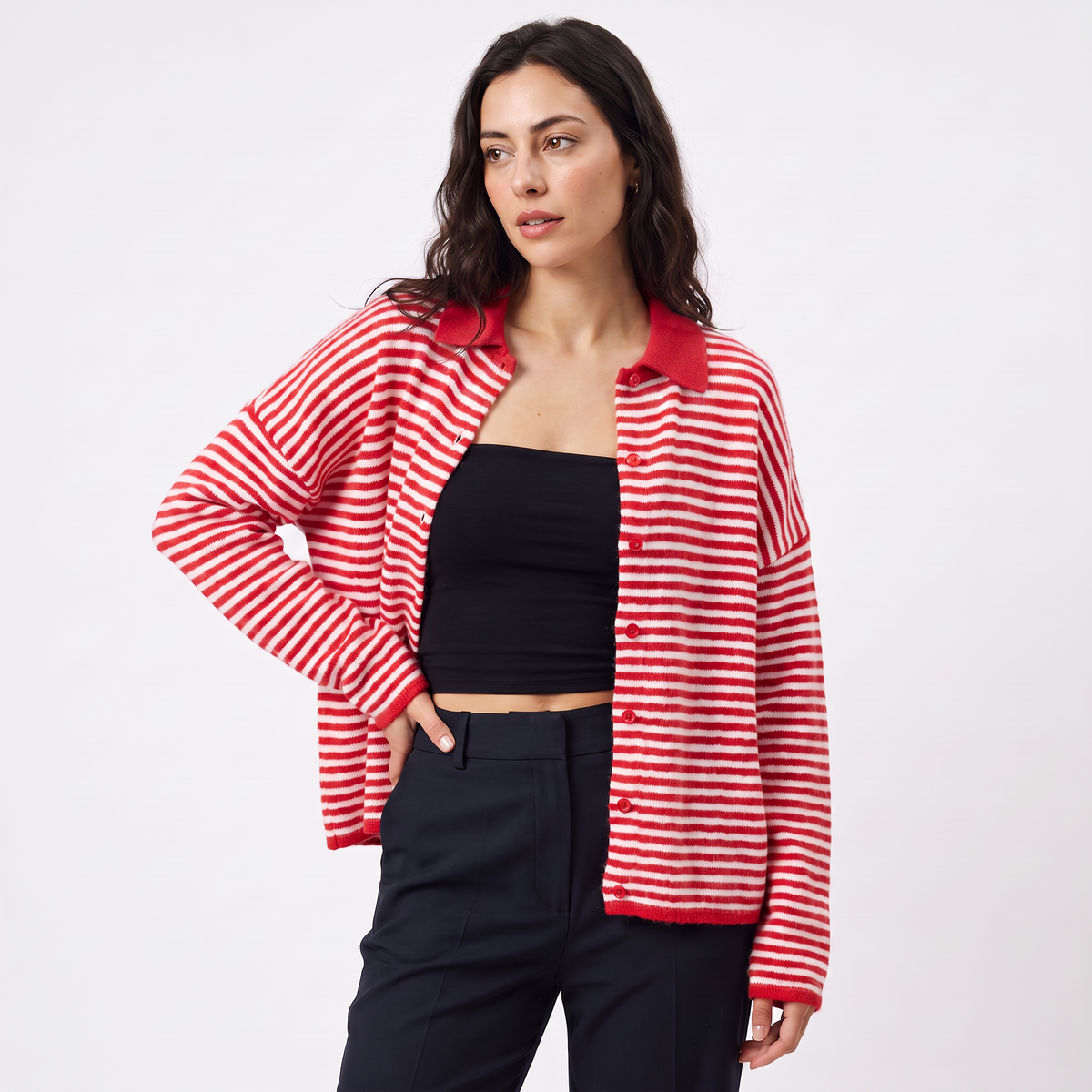Striped Collared Knit Cardigan - Button Front