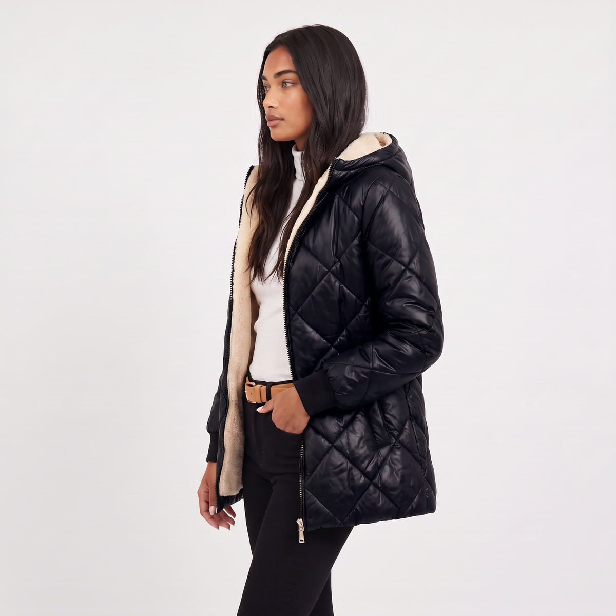 Quilted Hooded Mid-Length Jacket