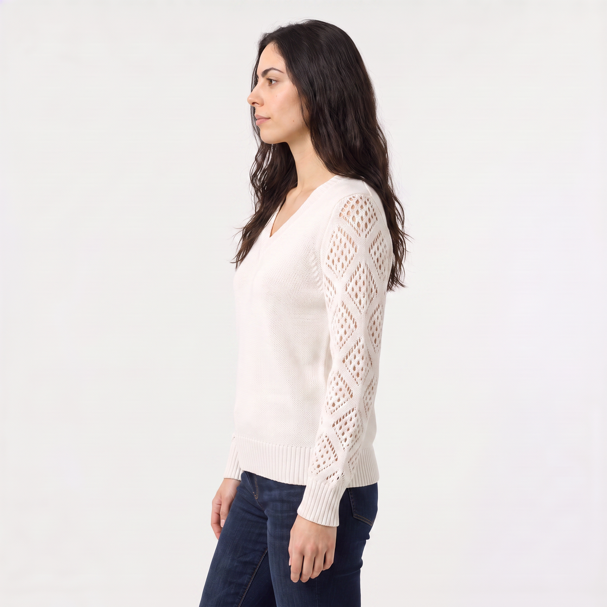 V-Neck Pointelle Sleeve Sweater