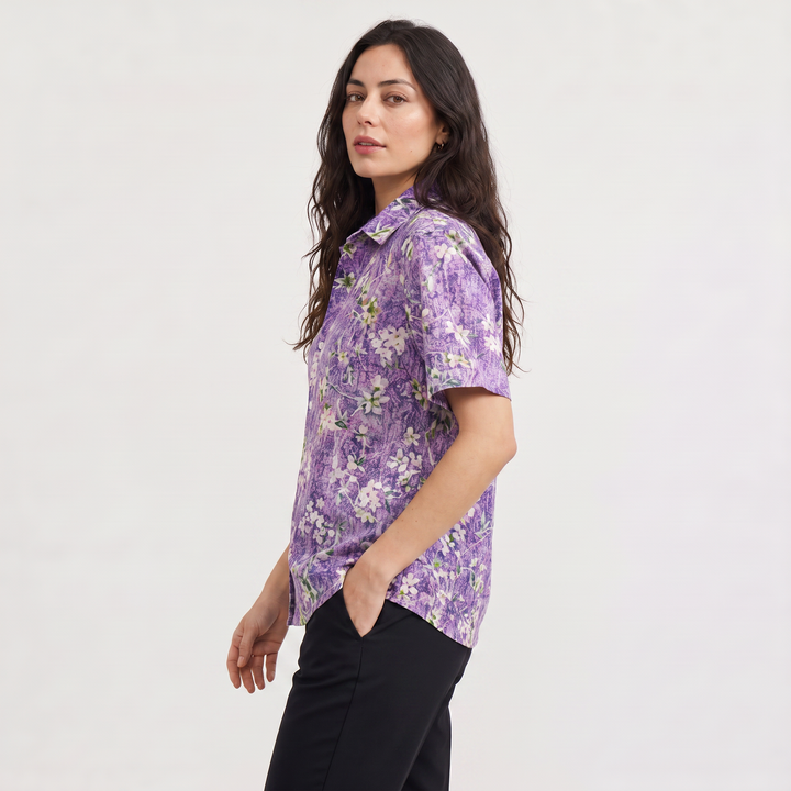 Floral Button Front Short Sleeve Blouse