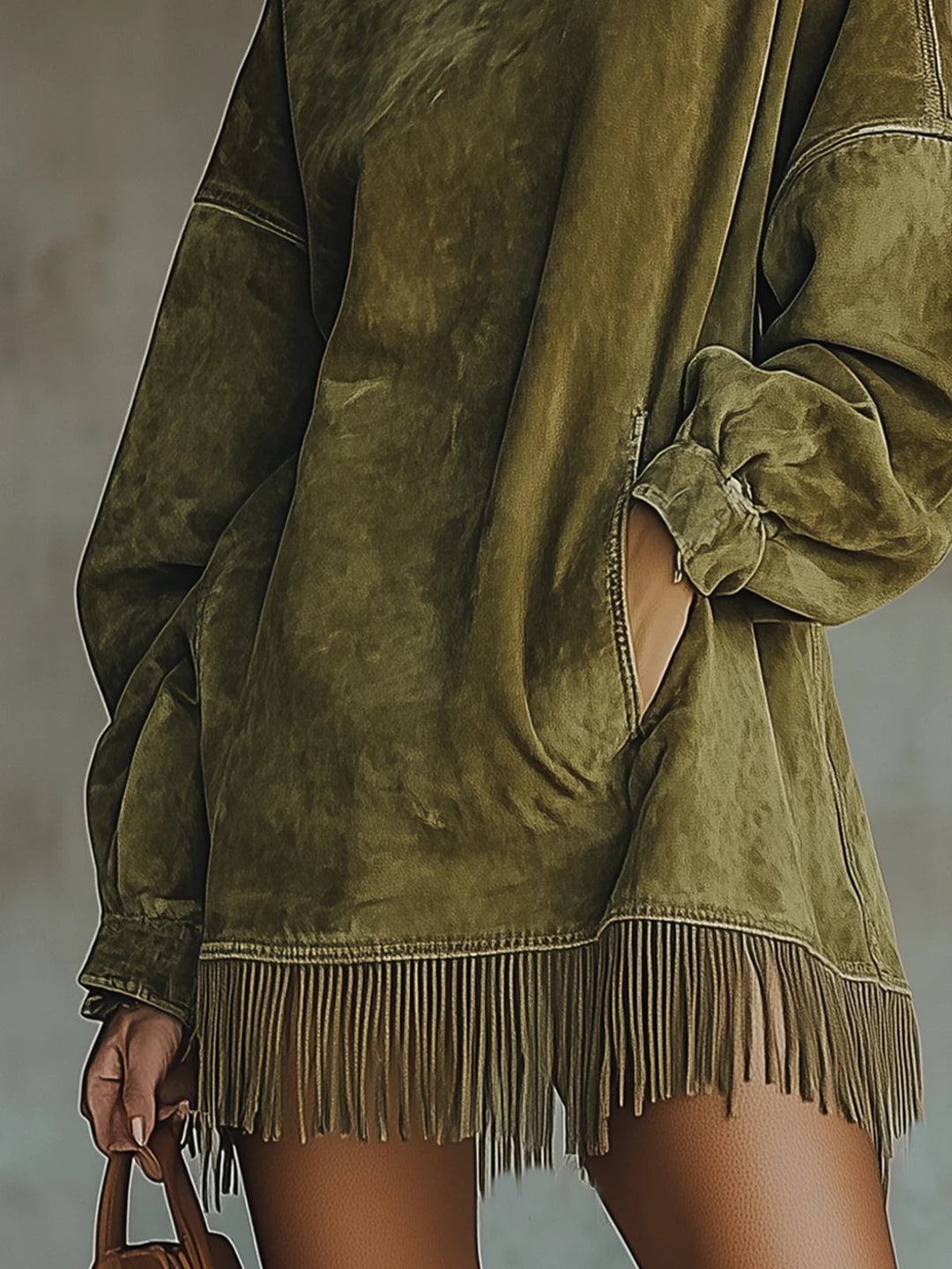 Gabriela Suede Dress with High Neck and Fringe