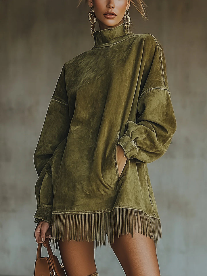 Gabriela Suede Dress with High Neck and Fringe