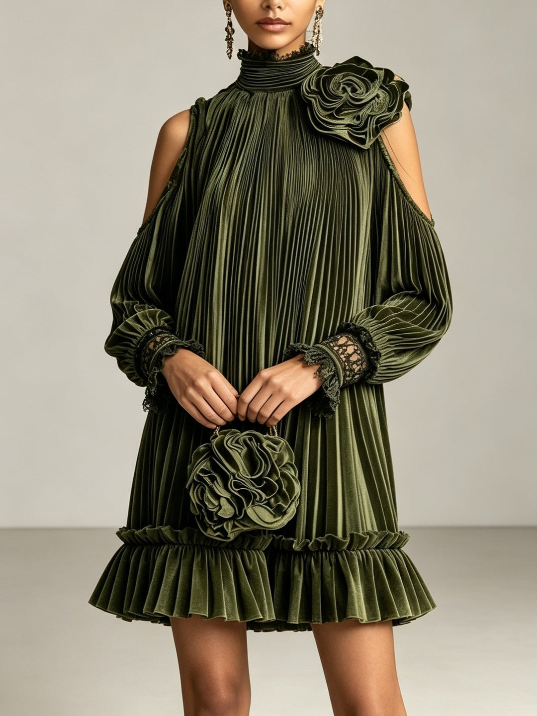 Elegant Olive Green Pleated Mini Dress with High Neck, Ruffle Hem &amp; Rose Detail