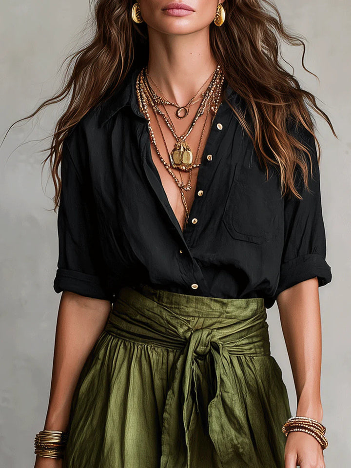 Vera – Black Top &amp; Olive Green Midi Skirt Two-Piece Set