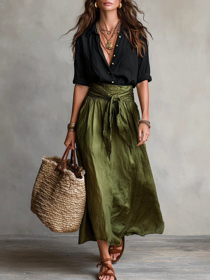 Vera – Black Top &amp; Olive Green Midi Skirt Two-Piece Set