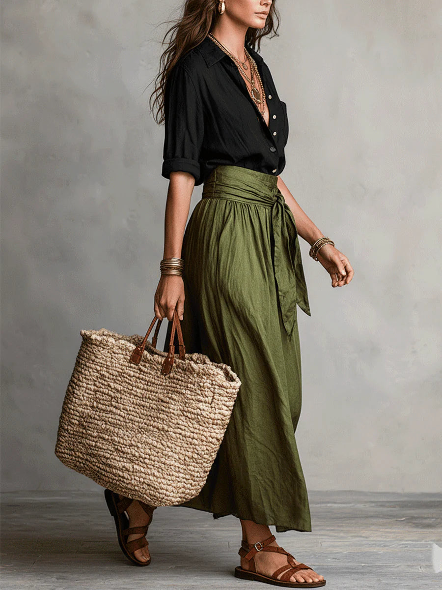 Vera – Black Top &amp; Olive Green Midi Skirt Two-Piece Set
