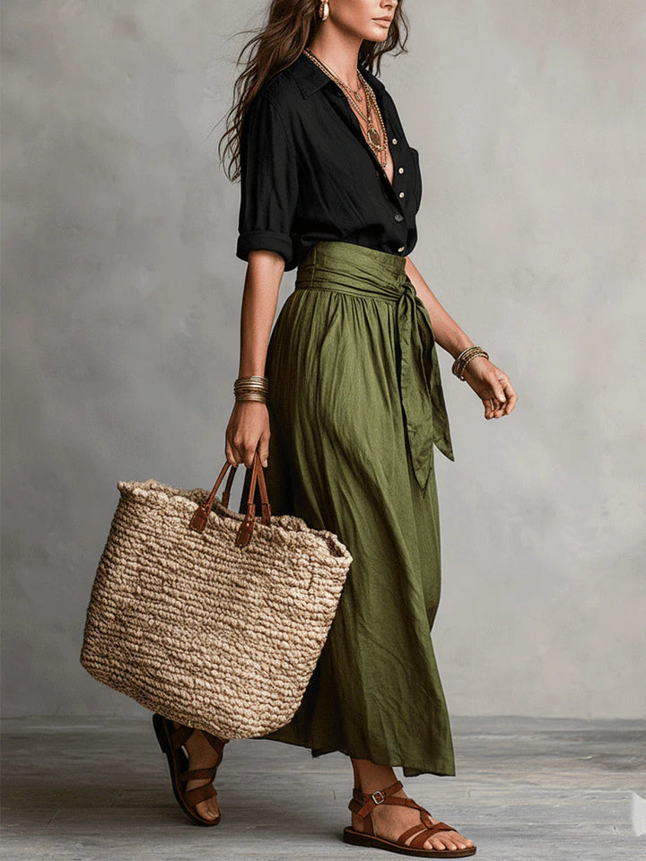Vera – Black Top &amp; Olive Green Midi Skirt Two-Piece Set