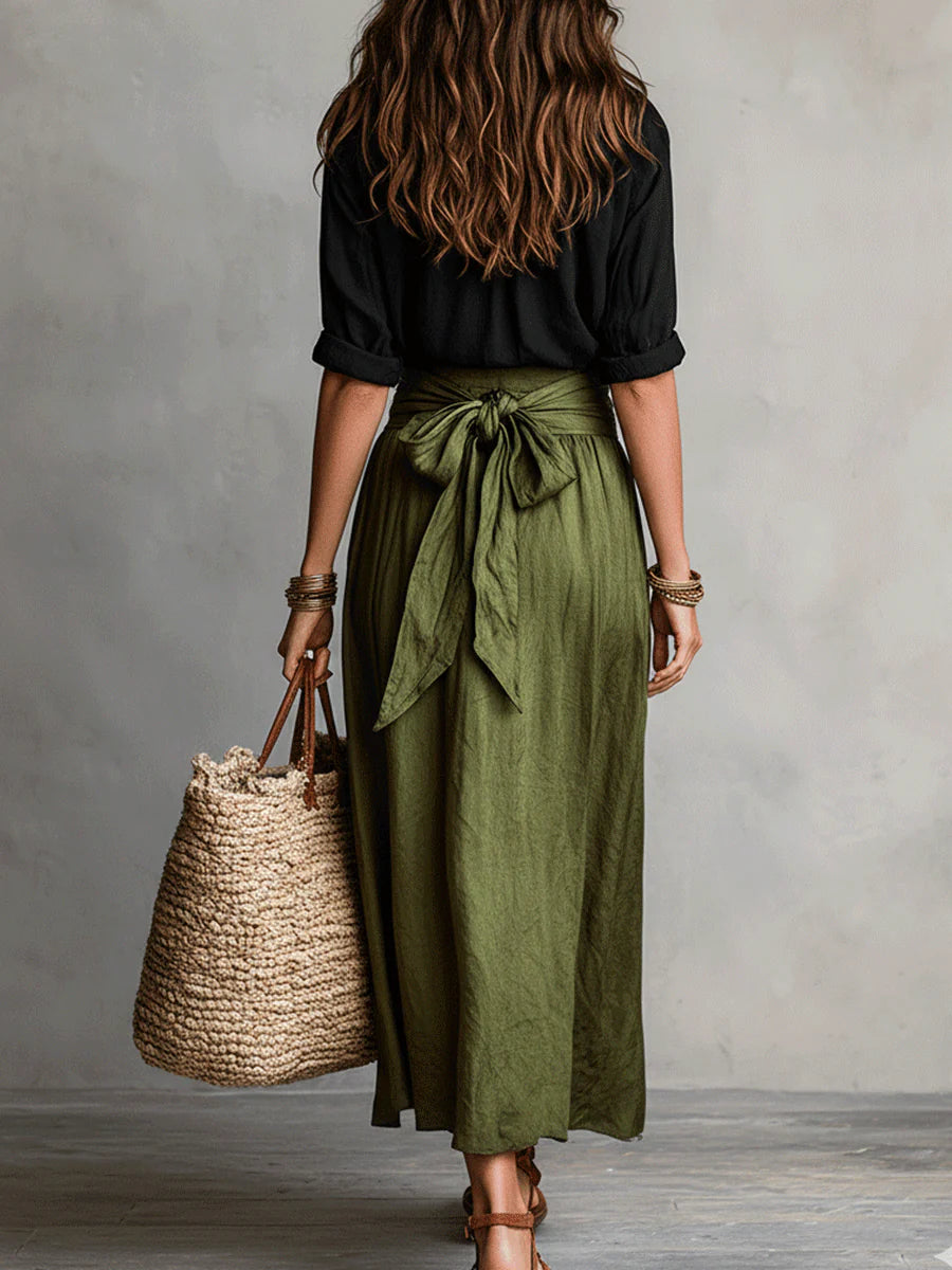 Vera – Black Top &amp; Olive Green Midi Skirt Two-Piece Set