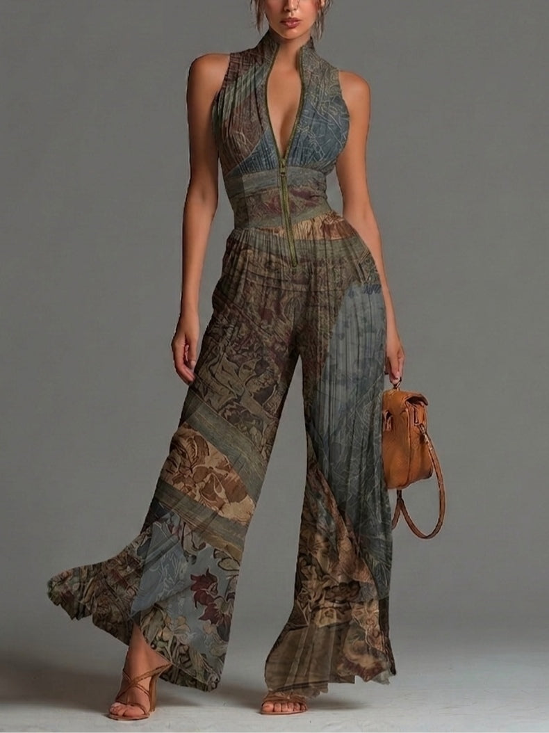 Selvaggia | Ethnic Print Jumpsuit with V-Neck and Wide Leg