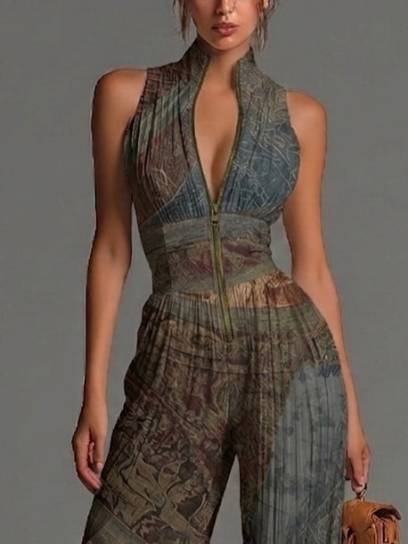 Selvaggia | Ethnic Print Jumpsuit with V-Neck and Wide Leg