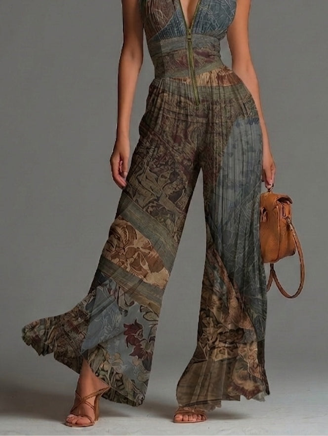 Selvaggia | Ethnic Print Jumpsuit with V-Neck and Wide Leg