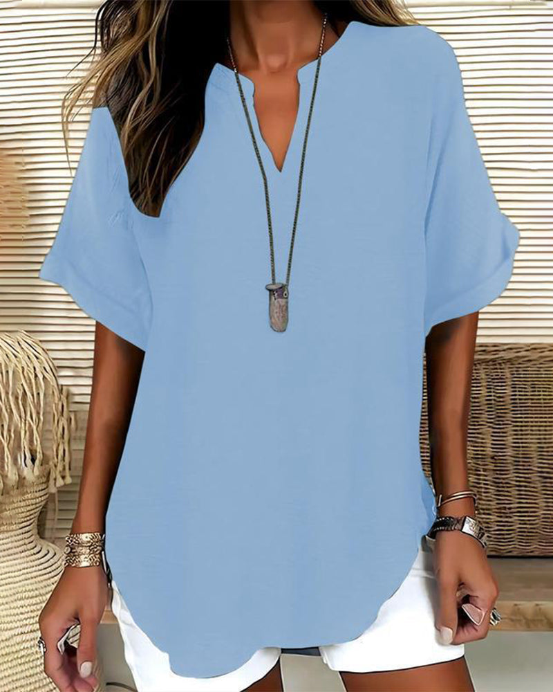 Loose Fit Solid Color V-Neck Blouse