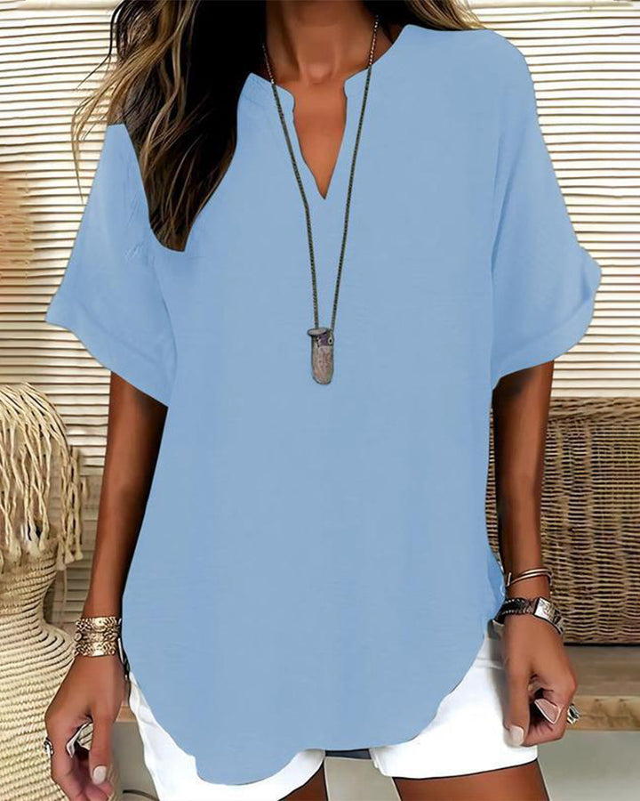 Loose Fit Solid Color V-Neck Blouse