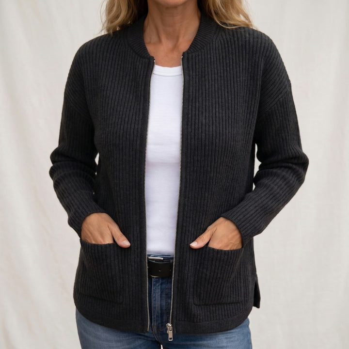 Anneke Ribbed Zip-Up Cardigan with Deep Pockets