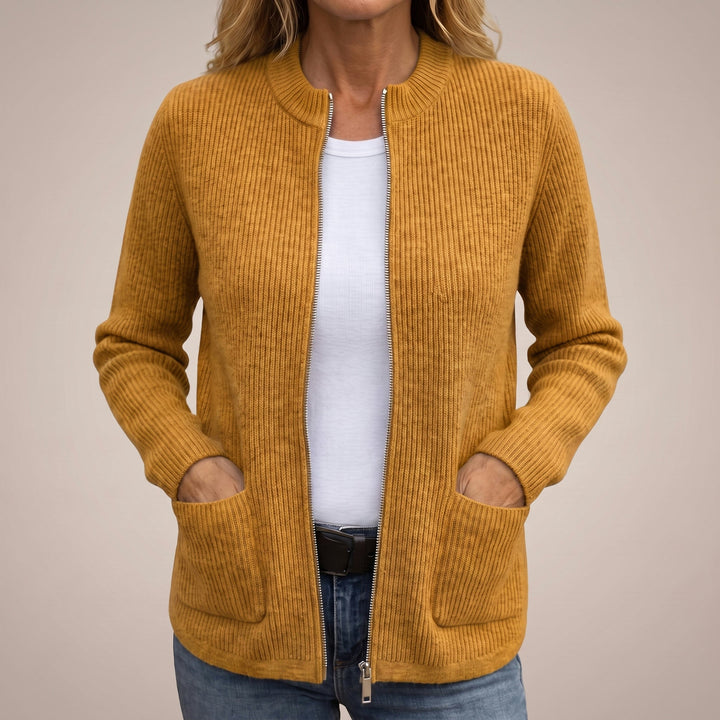 Anneke Ribbed Zip-Up Cardigan with Deep Pockets