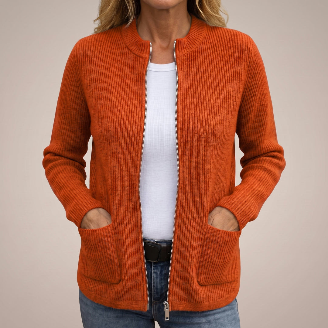 Anneke Ribbed Zip-Up Cardigan with Deep Pockets