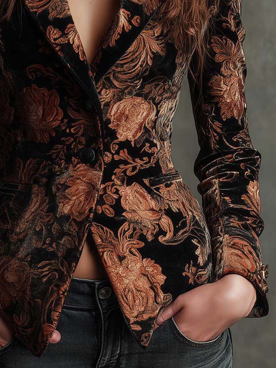 Bertille | Black &amp; Bronze Floral Print Tailored Blazer