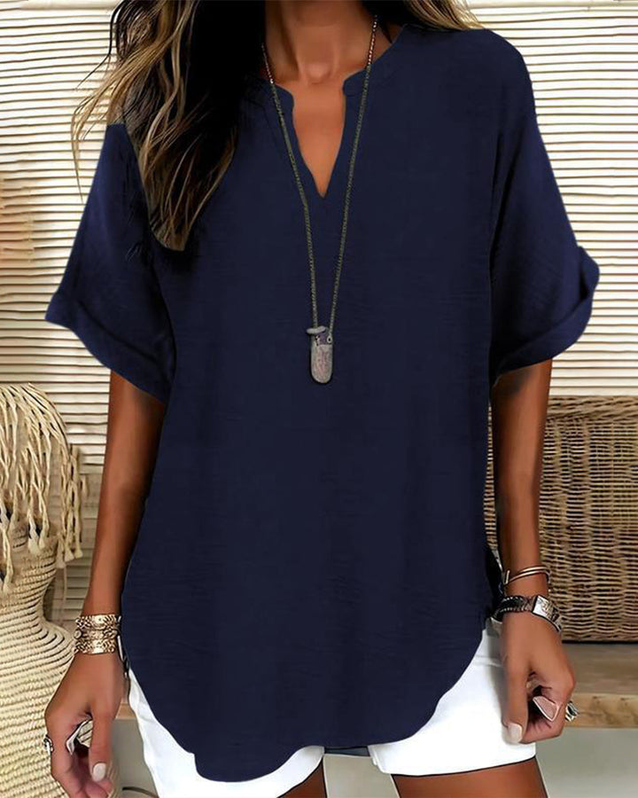 Loose Fit Solid Color V-Neck Blouse