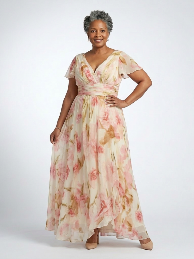 Elara | V Neck Short Sleeve Floral Maxi Dress