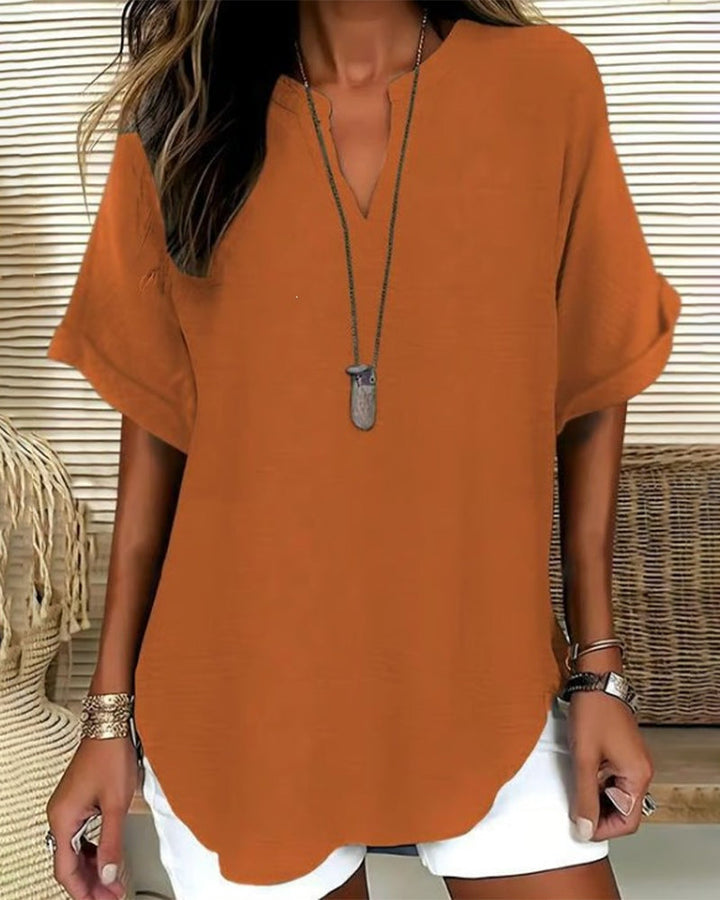 Loose Fit Solid Color V-Neck Blouse