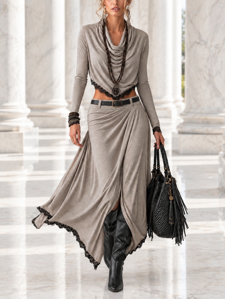 Michela | Draped Crop Top &amp; Slit Maxi Skirt Set
