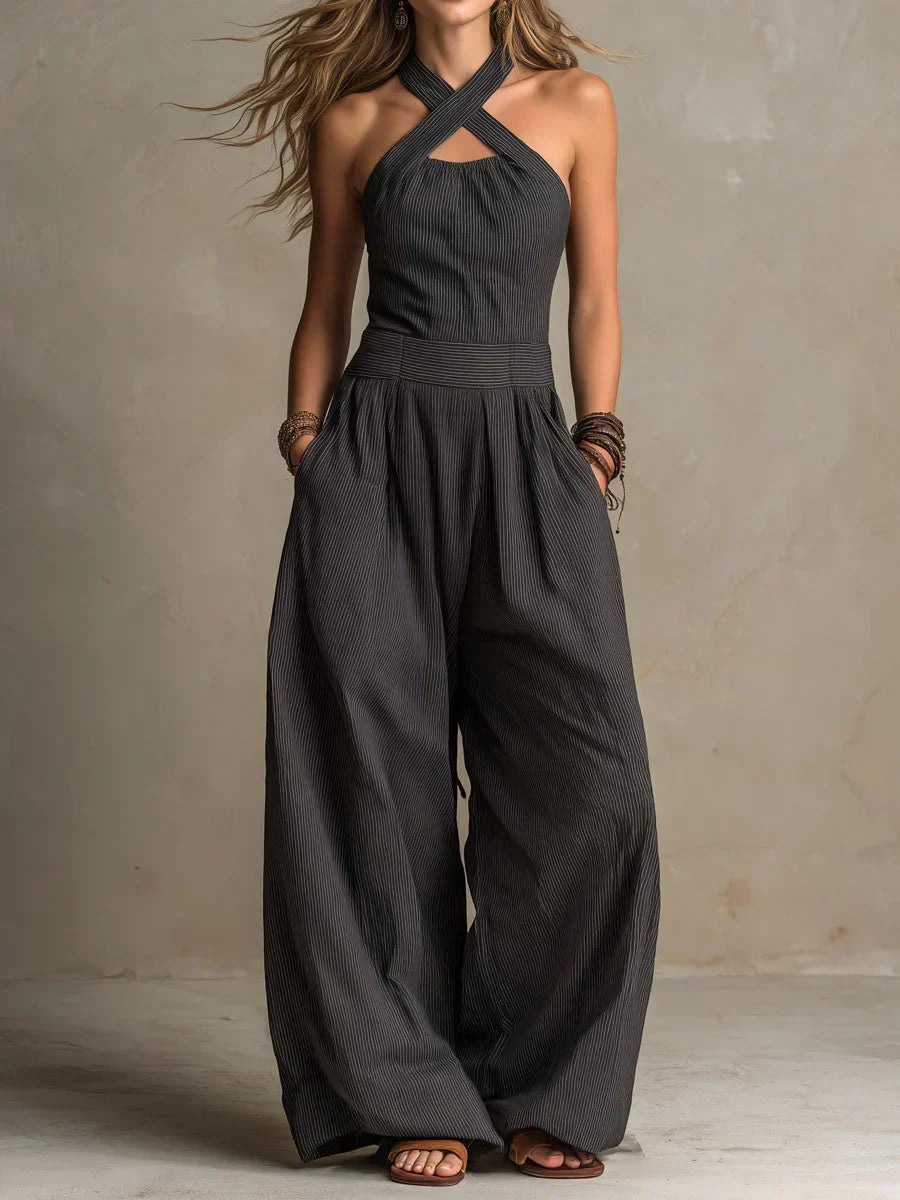 Bianca Elegant Linen-Cotton Jumpsuit with Crossover Neckline