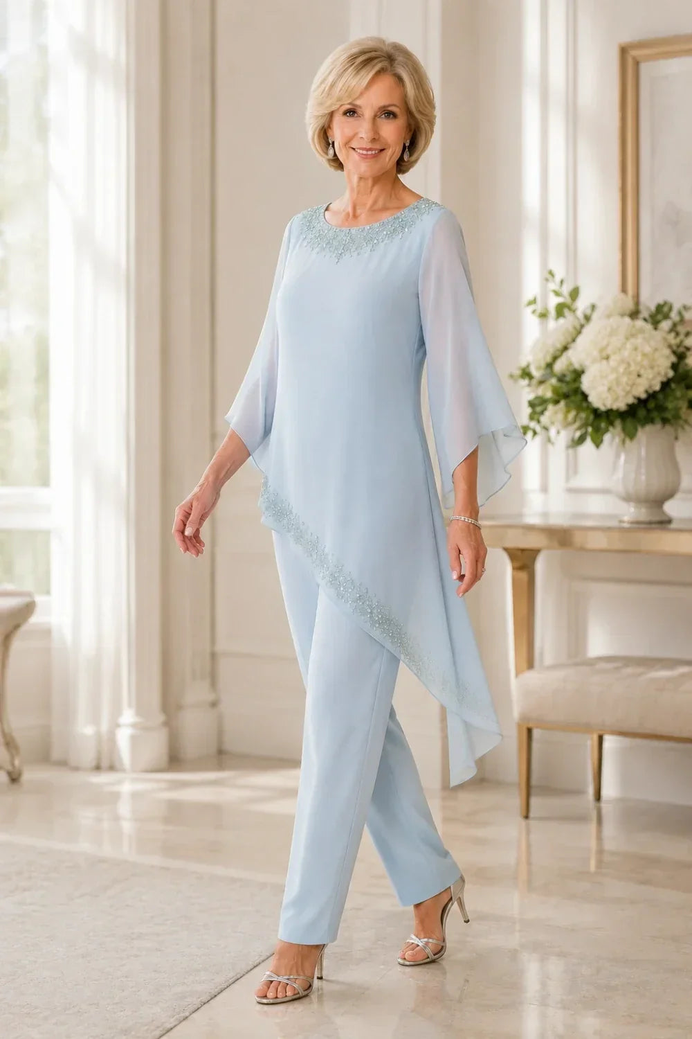 Beaded Chiffon Overlay Mother of the Bride Pant Suit