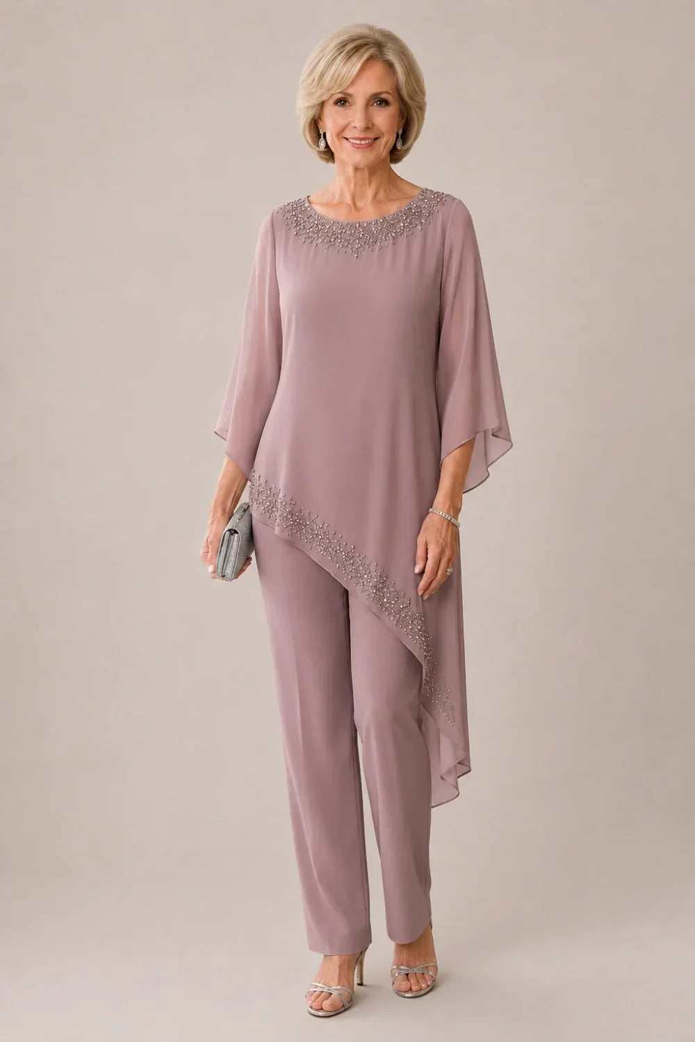 Beaded Chiffon Overlay Mother of the Bride Pant Suit