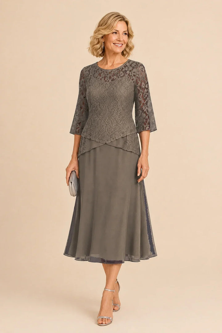 Beaded Lace Asymmetric Tea-Length Chiffon Dress