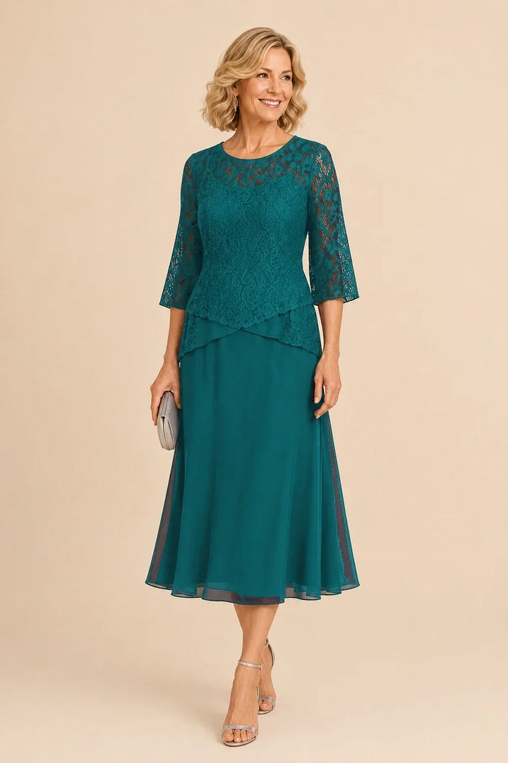 Beaded Lace Asymmetric Tea-Length Chiffon Dress