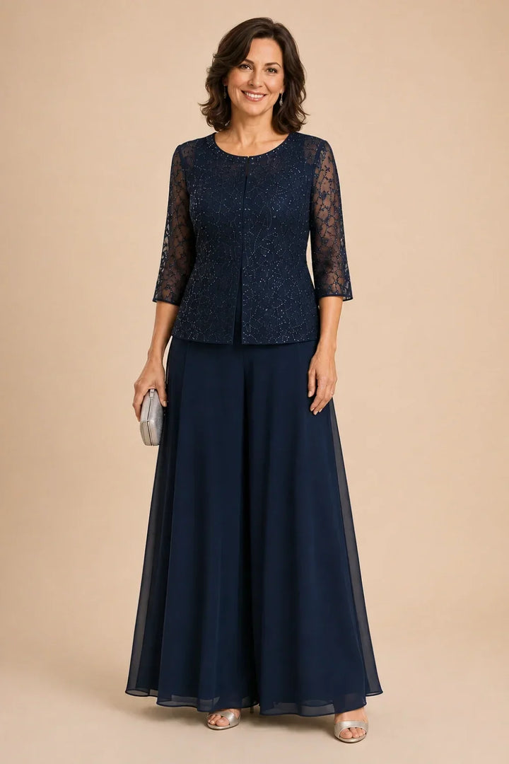 Beaded Lace Culotte Pant Suit with Chiffon Overlay