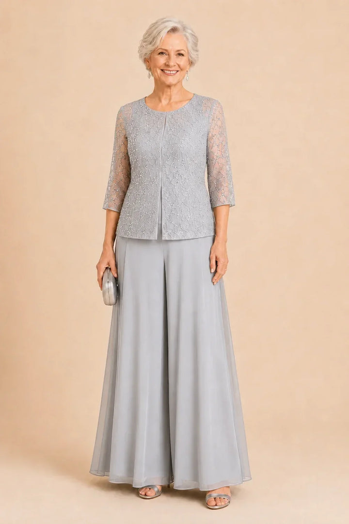 Beaded Lace Culotte Pant Suit with Chiffon Overlay