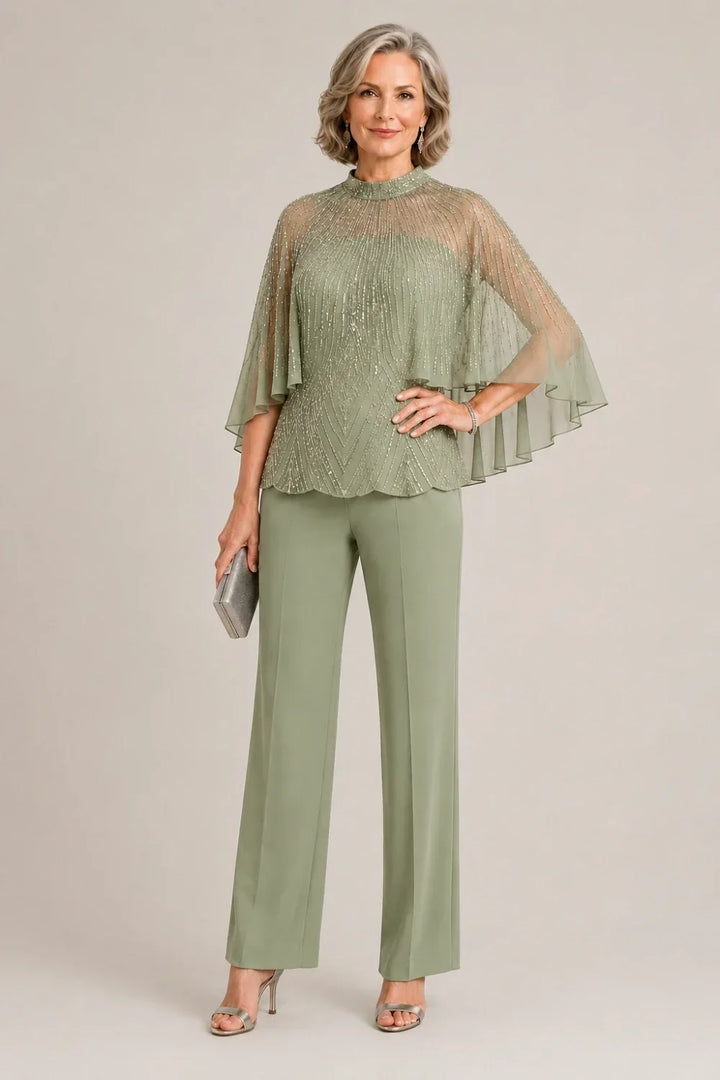 Sequin Mesh Capelet Pant Suit with High Neck