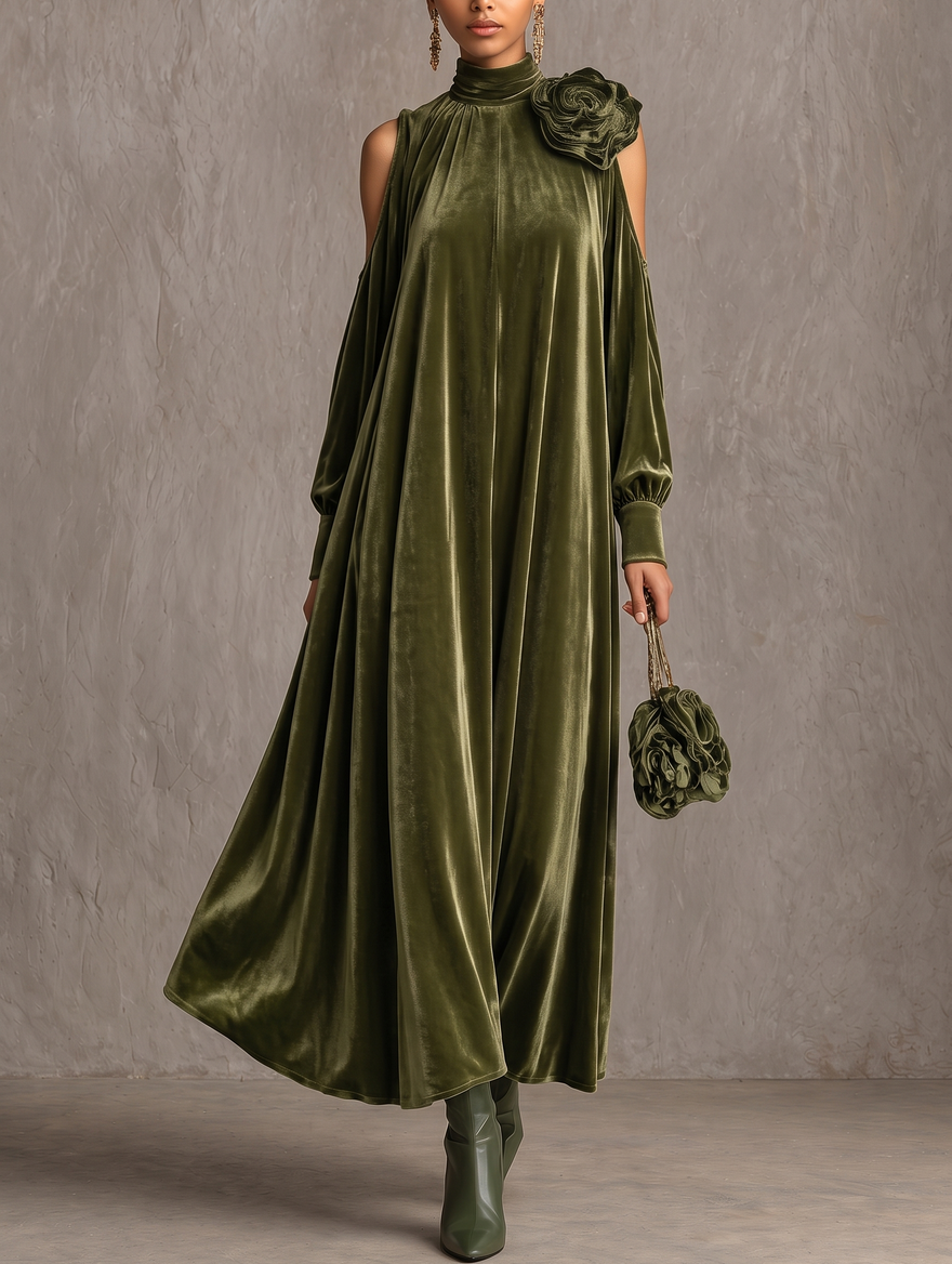 Simonetta | Pleated Maxi Dress with Floral Shoulder