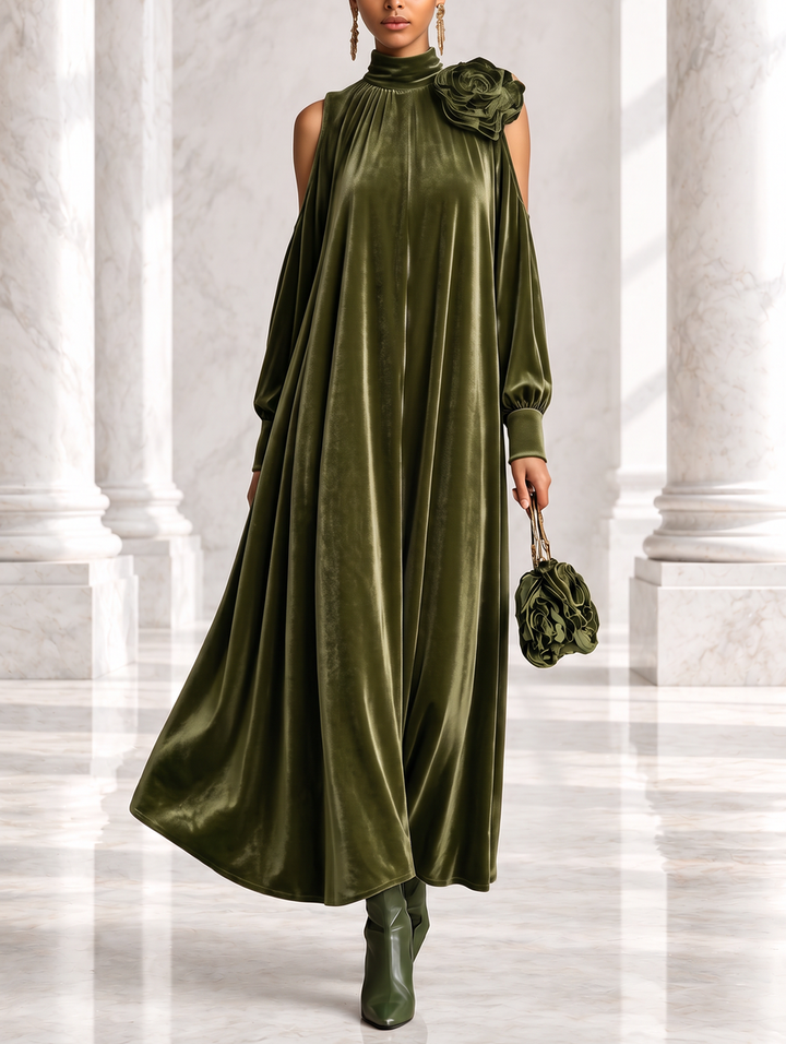 Simonetta | Pleated Maxi Dress with Floral Shoulder
