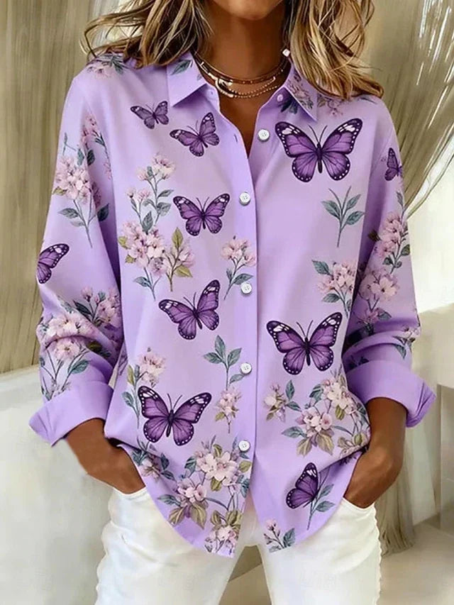 Dahlia Butterfly Print Button Blouse