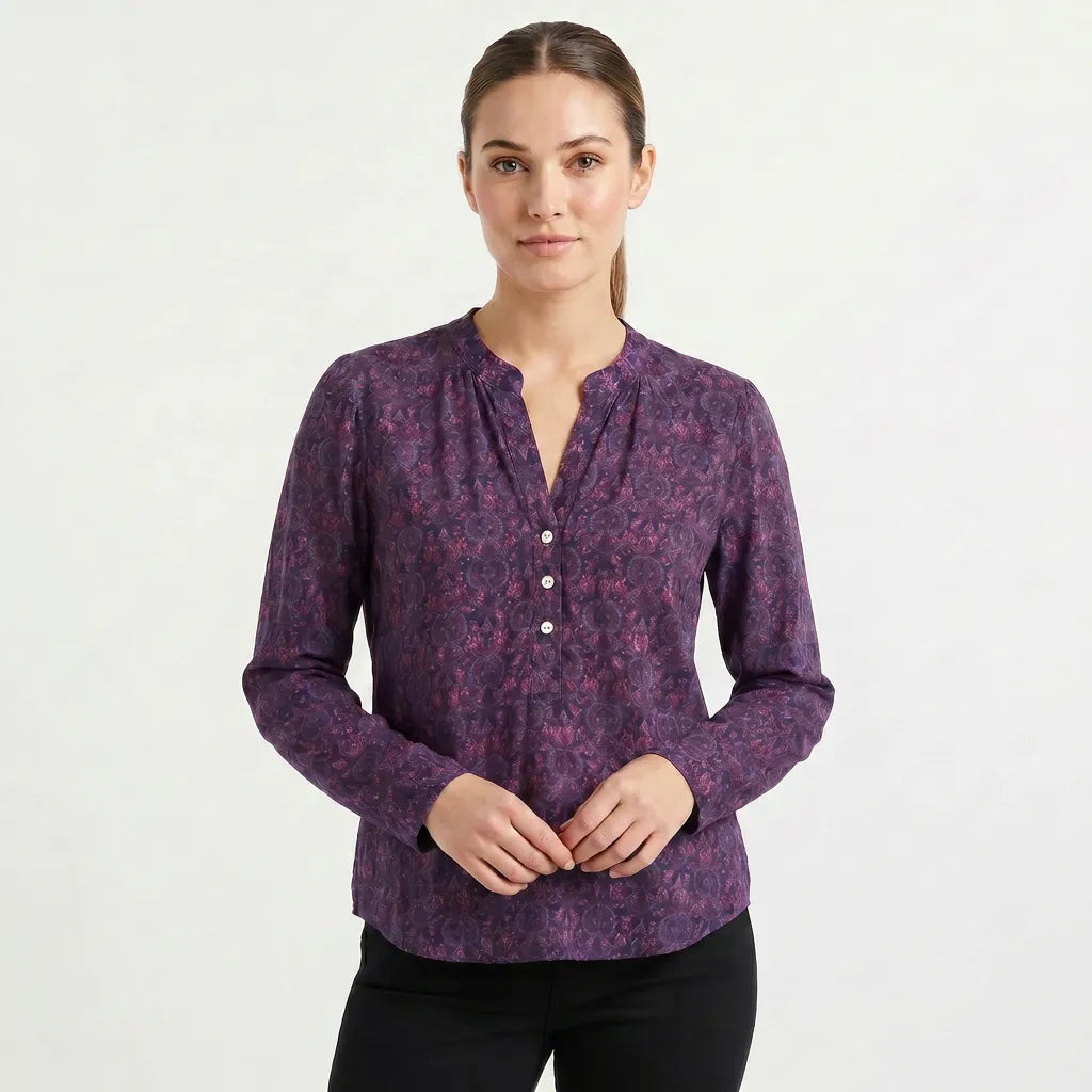 Printed Henley Neck Blouse | Long Sleeve
